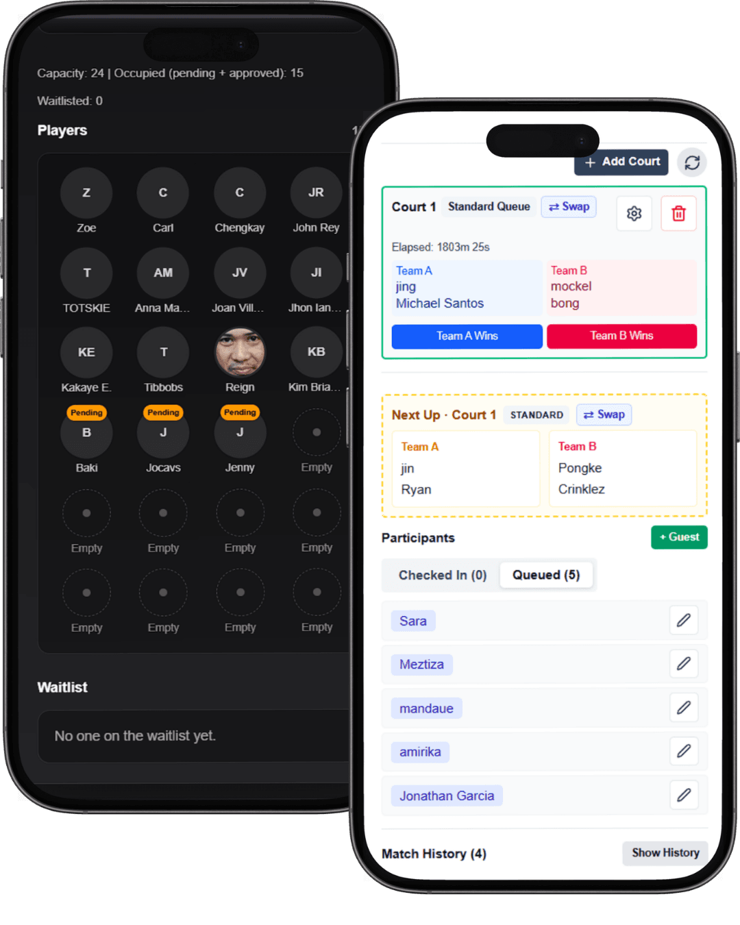 Courtysy Organizer Console — Live Queue, Courts, and Matchups